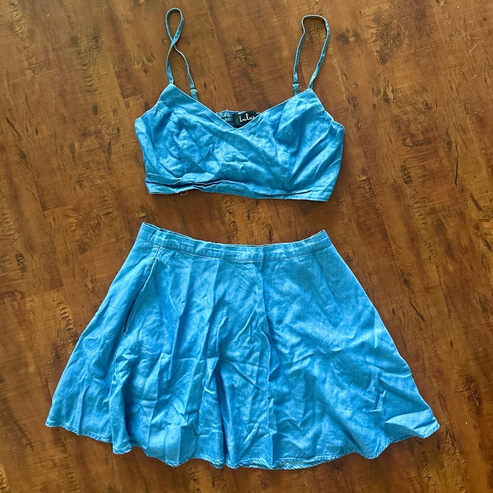 Lulus crop top mini skirt denim set